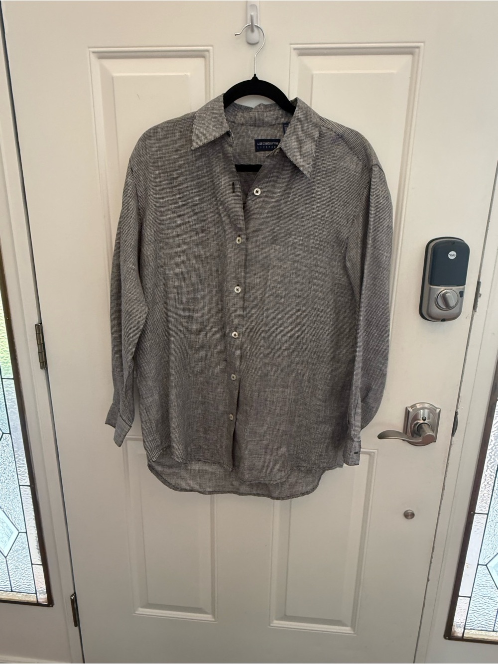 Liz Claiborne LIZSPORT 100% Linen Long Sleeve Black White Blouse button up down